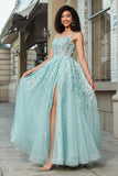 Lindo A Line Spaghetti Straps Mint Corset Prom Dress com Apliques
