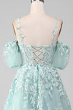 Mint Ball-Gown fora do ombro frisado vestidos de baile com apliques