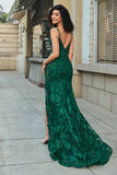 Sereia elegante espaguete correias verde escuro longo vestido de baile com apliques