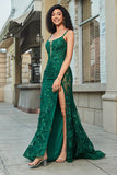 Sereia elegante espaguete correias verde escuro longo vestido de baile com apliques