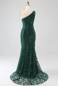 Brilhante verde escuro frisado longo vestido de baile de renda sereia com fenda