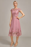 Dusty Rose A-Line Tea-Length Mãe do vestido de noiva com lantejoulas