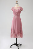 Dusty Rose A-Line Scoop Ilusão Tea-Length Mãe do vestido de noiva com lantejoulas