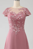 Dusty Rose A-Line Scoop Ilusão Tea-Length Mãe do vestido de noiva com lantejoulas