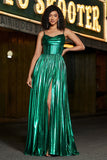 Brilhante A-line Dark Green Corset Prom Dress com Fenda