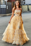 Amarelo A-Line Halter plissado tule tiered longo vestido de baile com bordado
