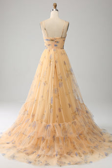 Amarelo A-Line Halter plissado tule vestido de baile com bordado