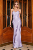 Sereia elegante querida vestido de baile de formatura de espartilho lilás com apliques de renda