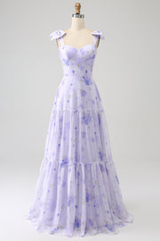 Espartilho Lilás Floral A-Line Long Prom Dress