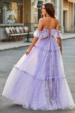 Off The Shoulder Lilás Corset A-Line Long Prom Dress