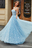 Esparguete Correias Sky Blue A-Line Corset Prom Dress com Florais