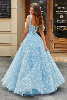 Esparguete Correias Sky Blue A-Line Corset Prom Dress com Florais