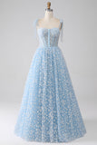 A-Line Esparguete Correias Sky Blue Corset Prom Dress
