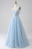 A-Line Esparguete Correias Sky Blue Corset Prom Dress