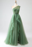 Tule Verde Escuro A-Line One-Shoulder Long Prom Dresses
