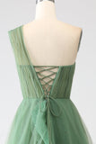 Tule Verde Escuro A-Line One-Shoulder Long Prom Dresses
