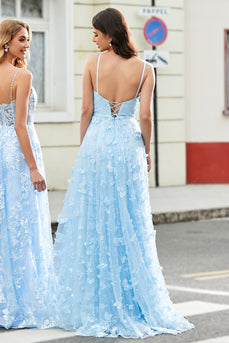 Charmoso A Line Spaghetti Straps Sky Blue Long Prom Dress com Split Front