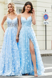 Charmoso A Line Spaghetti Straps Sky Blue Long Prom Dress com Split Front