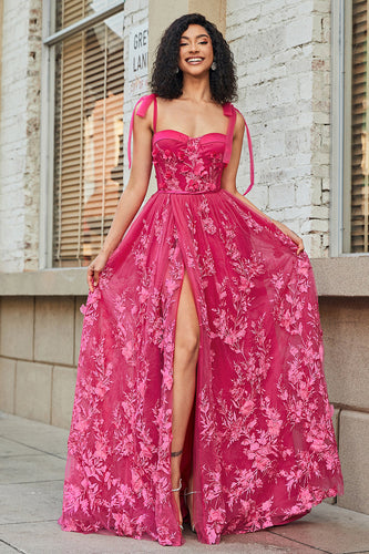 Esparguete Alças Hot Pink A-Line Long Prom Dress com Fenda