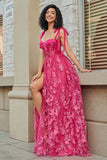 Esparguete Alças Hot Pink A-Line Long Prom Dress com Fenda
