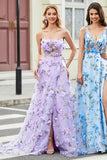 Lindo A Line Spaghetti Straps Lilac Long Prom Dress com flores 3D