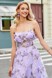 Lindo A Line Spaghetti Straps Lilac Long Prom Dress com flores 3D