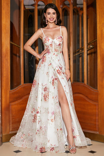 Bordado Ivory Flor Long Corset Prom Dress com Fenda