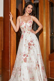 Bordado Ivory Flor Long Corset Prom Dress com Fenda