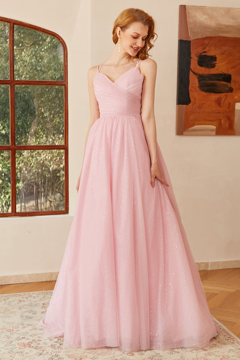 Carregar imagem no visualizador da galeria, Glitter Pink Lace-Up Ruched Longo Vestido de baile