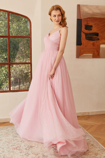 Glitter Pink Lace-Up Ruched Longo Vestido de baile
