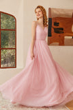 Glitter Pink Lace-Up Ruched Longo Vestido de baile