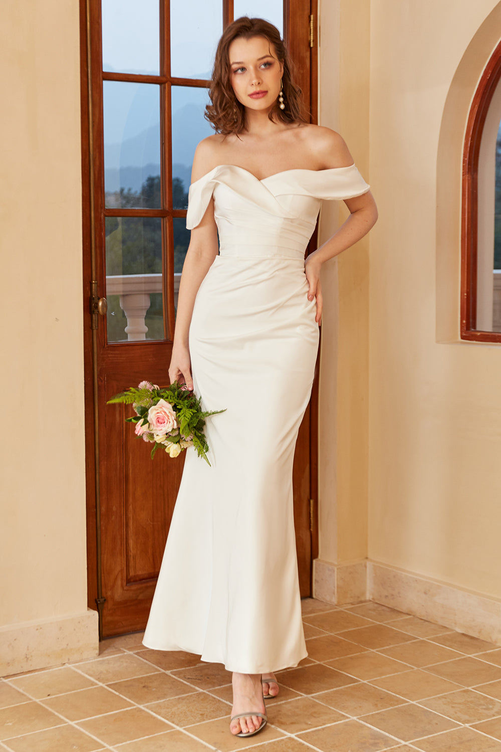 Simples fora do ombro vestido de casamento Boho