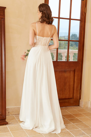 Bonito um espaguete de linha alças branco vestido de noiva com apliques