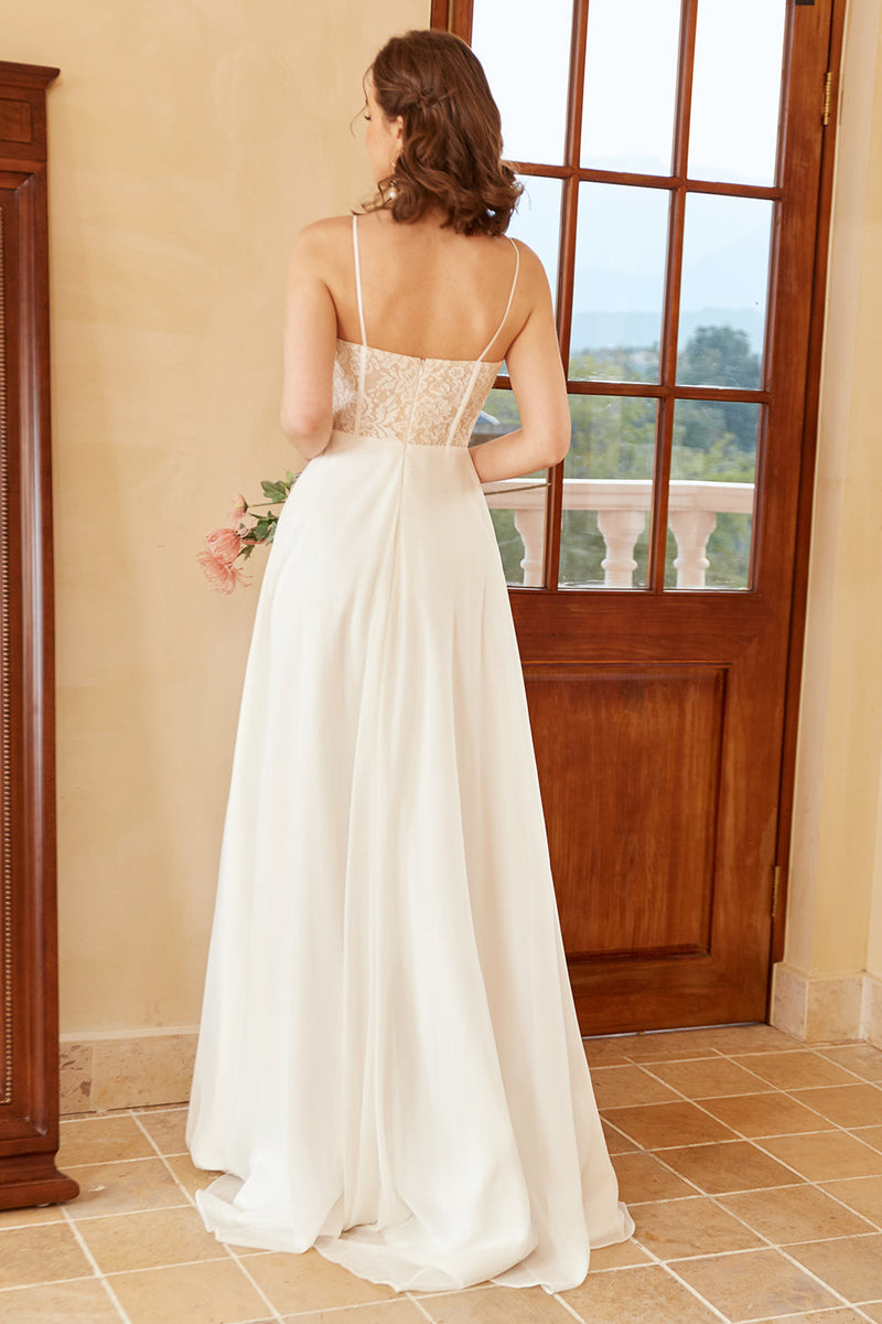 Carregar imagem no visualizador da galeria, Bonito um espaguete de linha alças branco vestido de noiva com apliques