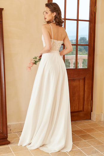 Bonito um espaguete de linha alças branco vestido de noiva com apliques