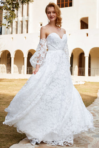 Vestido de noiva de organza branca fora do ombro