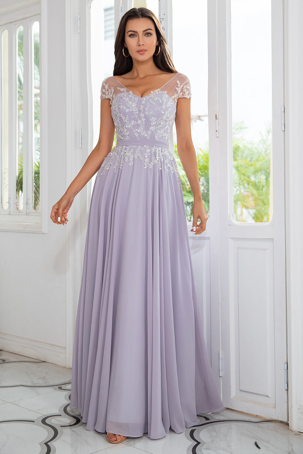 Grey Chiffon Mãe do Vestido de Noiva com Missangas