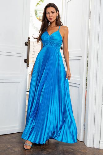 Um fio de espaguete tiras lago azul longo vestido de baile