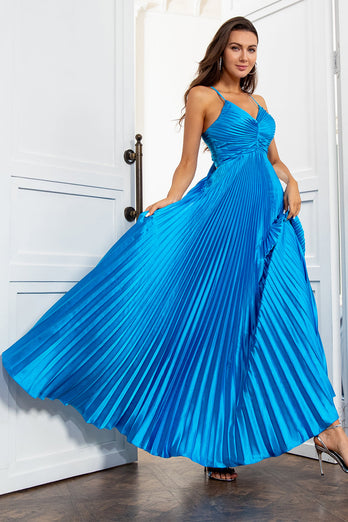 Um fio de espaguete tiras lago azul longo vestido de baile