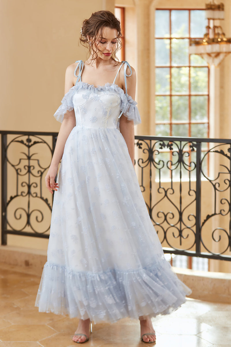 Carregar imagem no visualizador da galeria, Princesa A linha fora do ombro leve azul longo vestido de baile longo