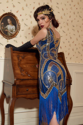 Vestido Fringe 1920s Lantejoulas Azuis