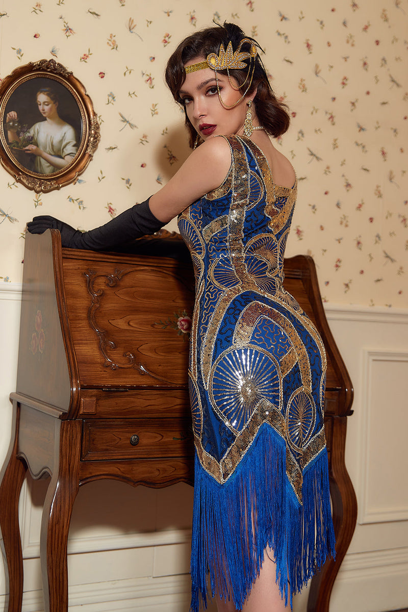 Carregar imagem no visualizador da galeria, Vestido Fringe 1920s Lantejoulas Azuis