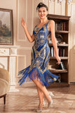 Blue Sequins Glitter Flapper Vestido com Franjas