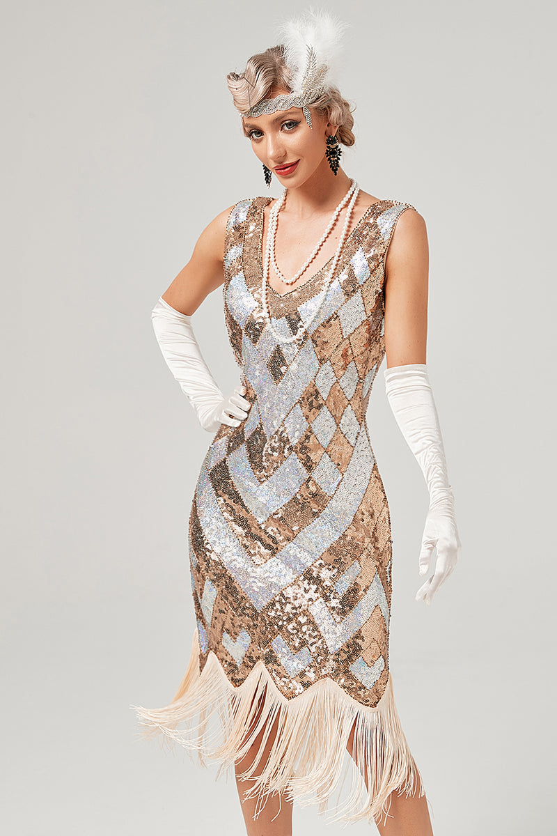 Carregar imagem no visualizador da galeria, Vestido de lantejoulas douradas de 1920 com franja