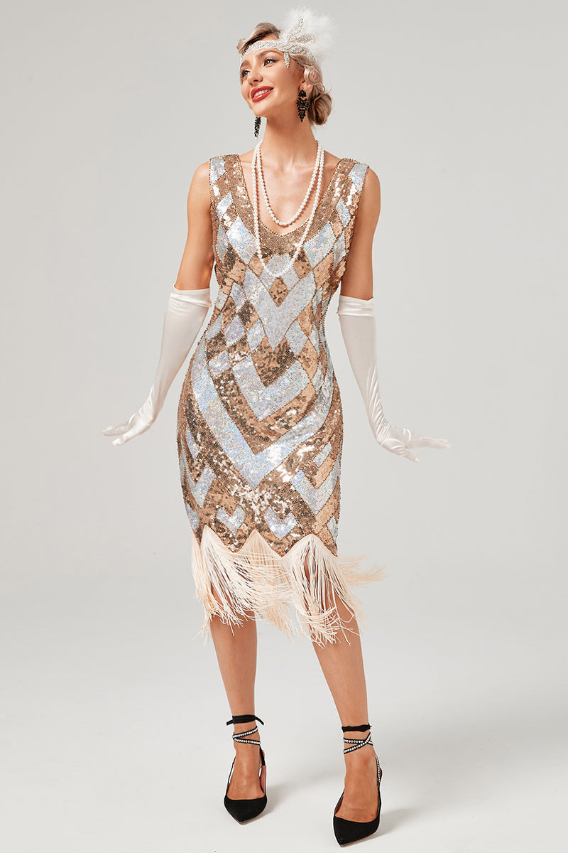 Carregar imagem no visualizador da galeria, Vestido de lantejoulas douradas de 1920 com franja