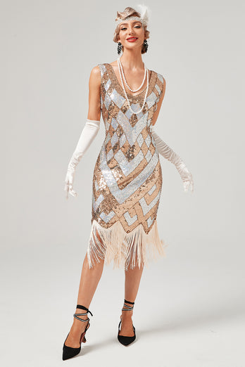 Vestido de lantejoulas douradas de 1920 com franja