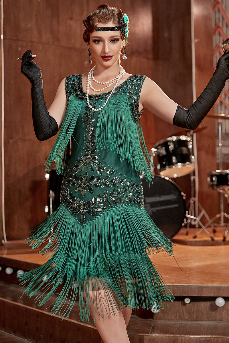 Carregar imagem no visualizador da galeria, Vestido champagne Gatsby 1920 com lantejoulas e franjas