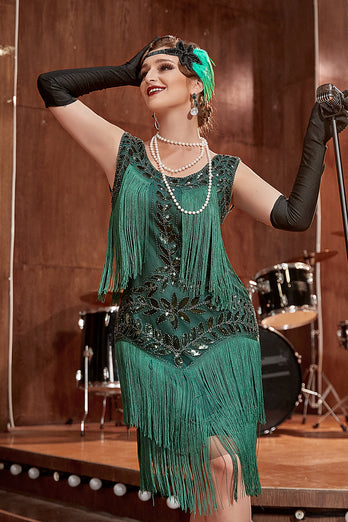 Vestido champagne Gatsby 1920 com lantejoulas e franjas