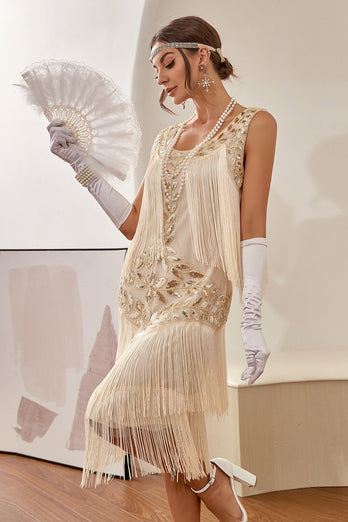Vestido champagne Gatsby 1920 com lantejoulas e franjas
