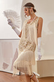 Vestido anos 1920 champanhe Gatsby com lantejoulas e franjas